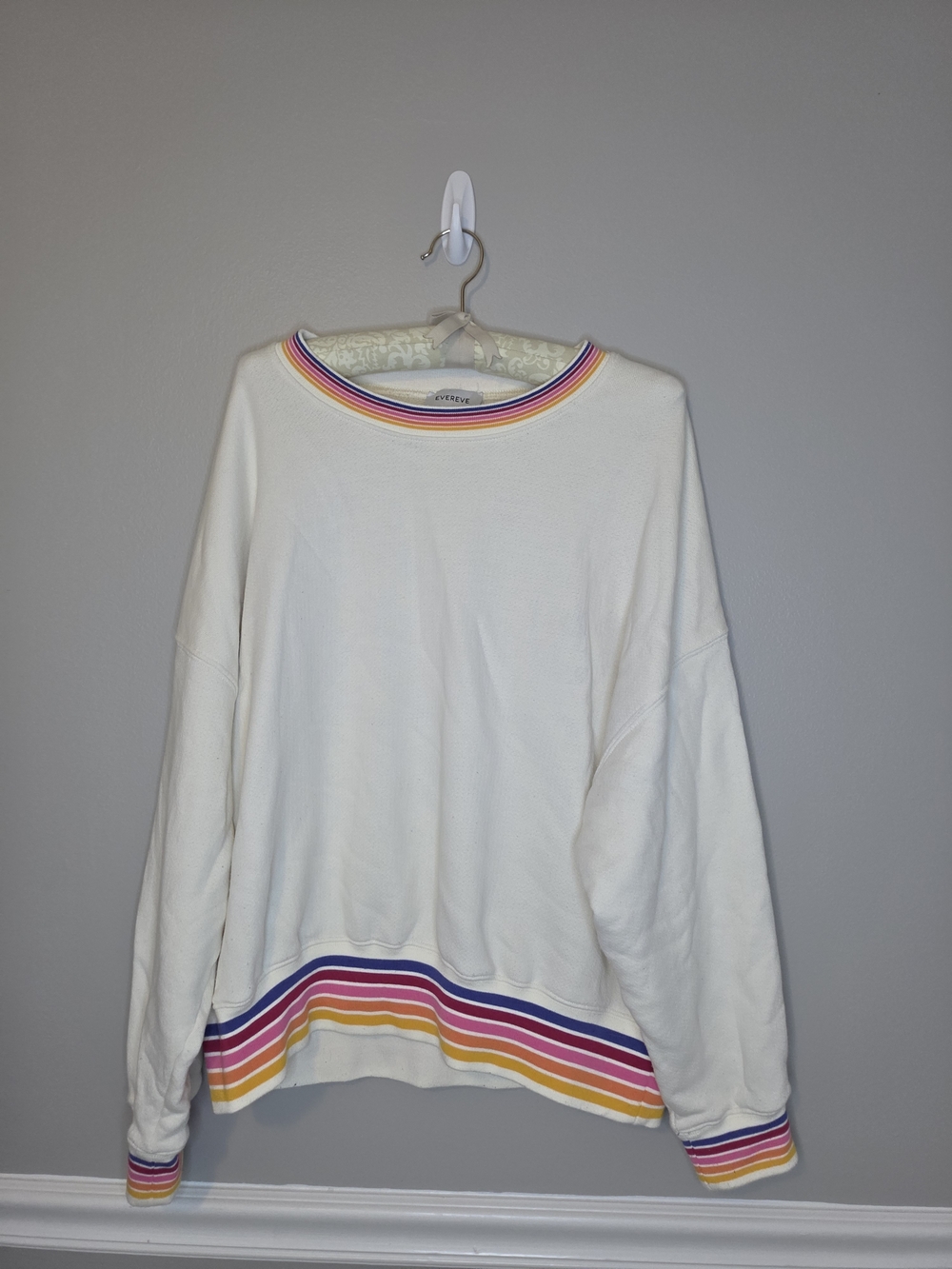Evereve Cream Crewneck Sweatshirt with Rainbow Stripe Accents